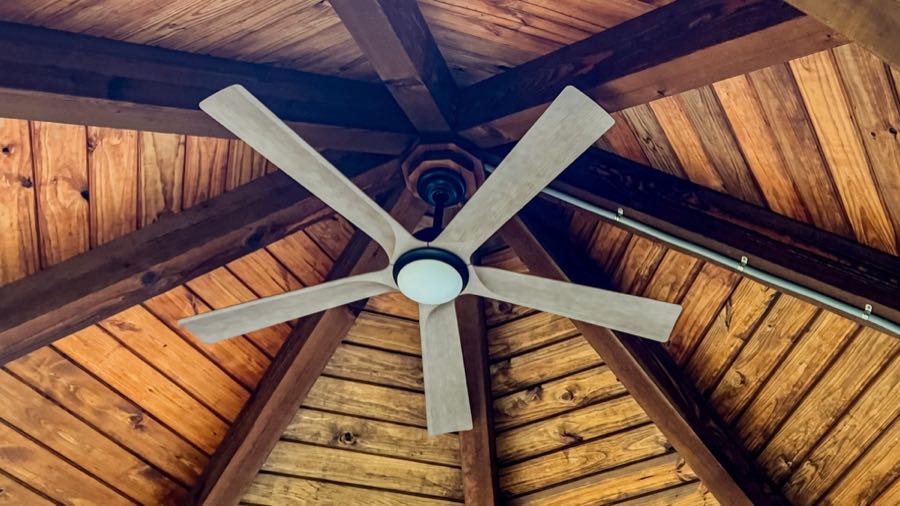 Outdoor ceiling fan installed in a wood pavilion ceiling by Epic Electric