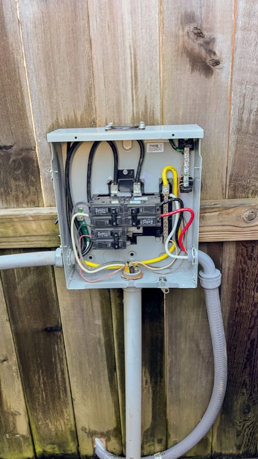 Outdoor electrical sub-panel installed by Epic Electric for a backyard spa